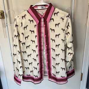 Equestrian Print Blouse with Pink Accents
